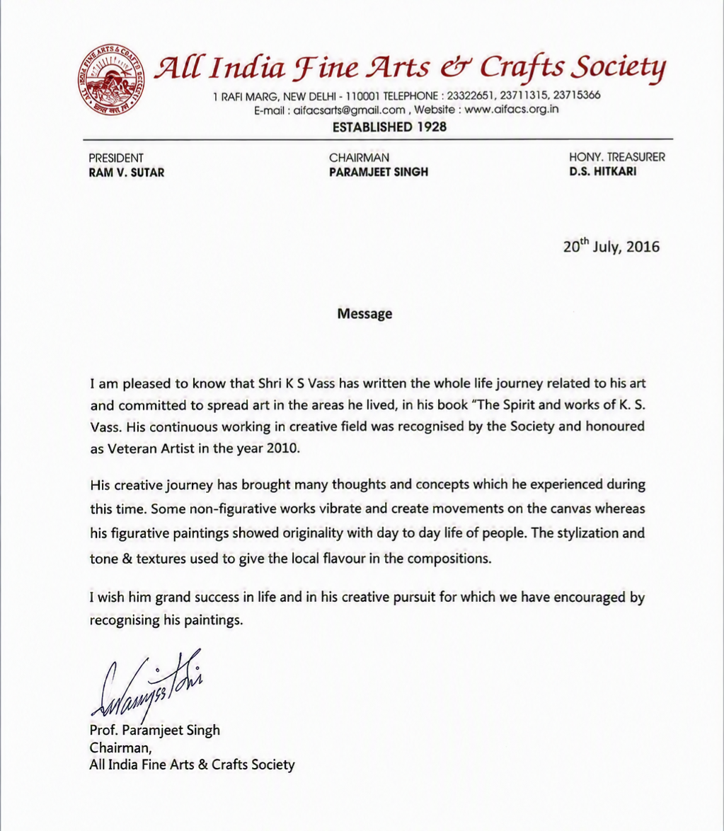 All India Fine Arts and Crafts Society message recognising K.S. Vass